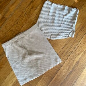 2 Piece Beige Ribbed Skirt and Tank Set, Sleeveless, Stretch, Casual Minimalist